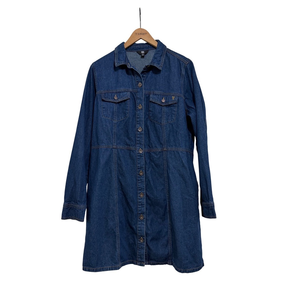 Frye Women's XL Blue Denim Long‎ Sleeve Button Front Shirt Dress 100% Cotton